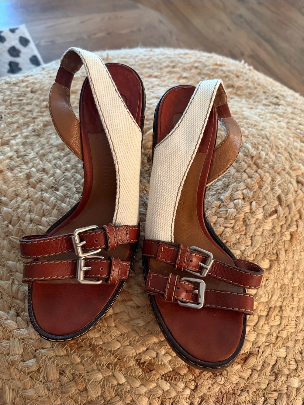 Chloe Brown Leather & Cream Canvas Slingback Sandals Sz 39
